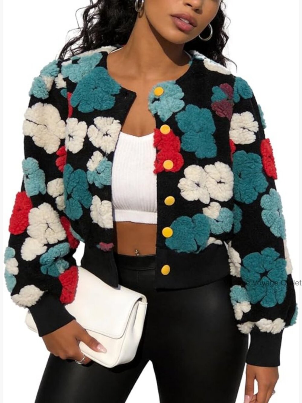 Cropped Floral Print Bomber Jacket Fleece Varsity Button Down Puff Sleeve Coat